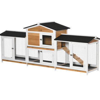 Cage à lapin 90,5 po en bois avec compartiments à double couloir, plateau nettoyable et rampe d'entretien sans effort, rampe de repos simple blanche et non salissante