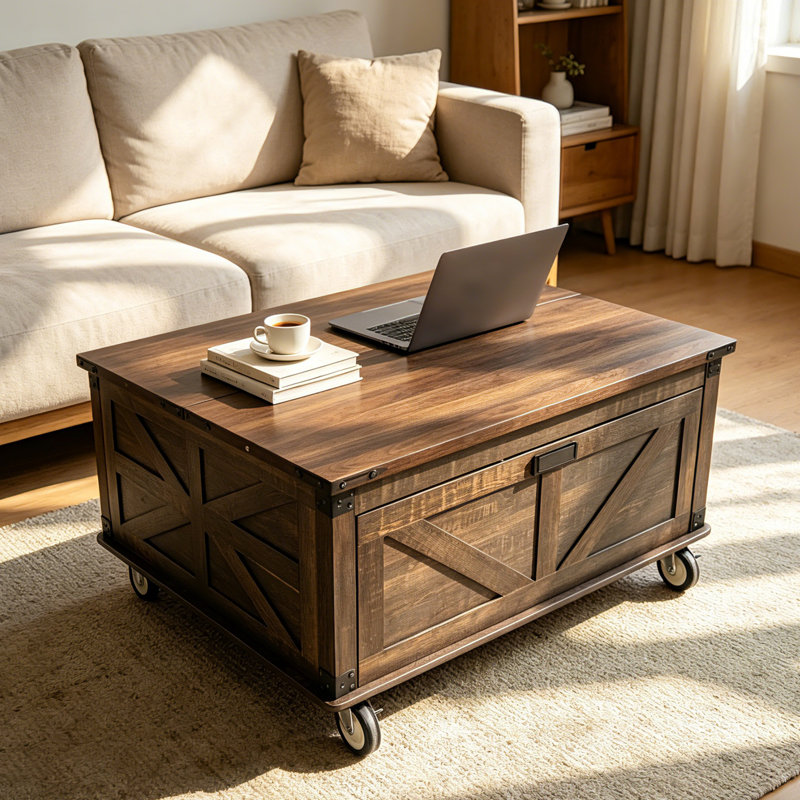 Table basse à plateau relevable avec station de charge, table basse carrée avec lumières à capteur, table centrale avec armoire de rangement et roulettes verrouillables