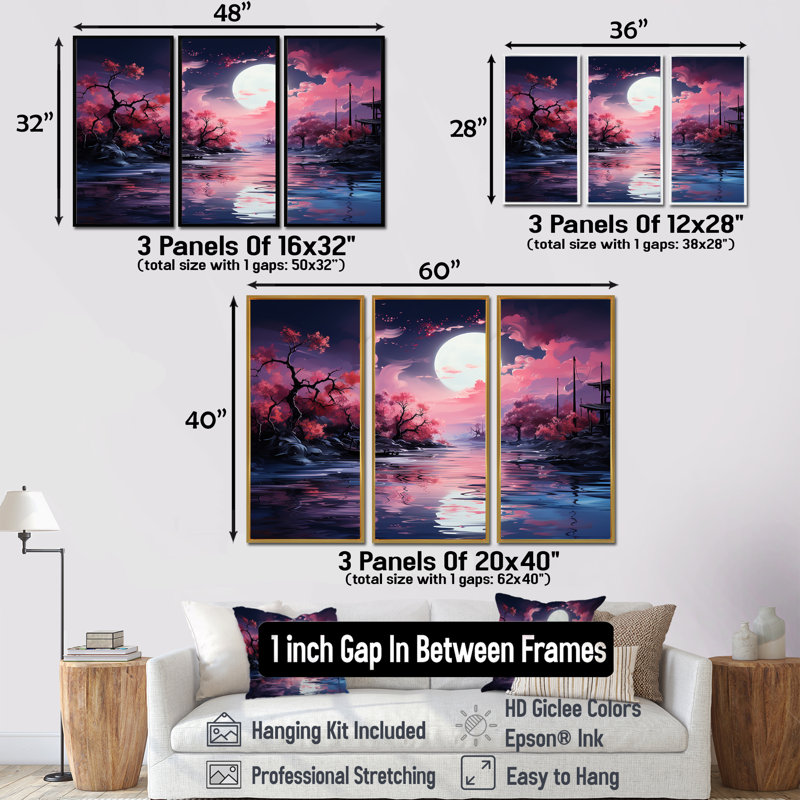 Pleine lune, ciel rose, ensemble de décorations murales lac Cherry Blossom, Cadre flottant brun, H 40 po x l 60 po x P 1 po
