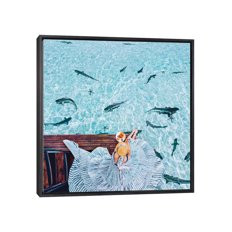 " Breakfast With Sharks " by Hobopeeba, No Mat, Distressed Black Framed Canvas, 18" H x 18" W x 1.5" D
