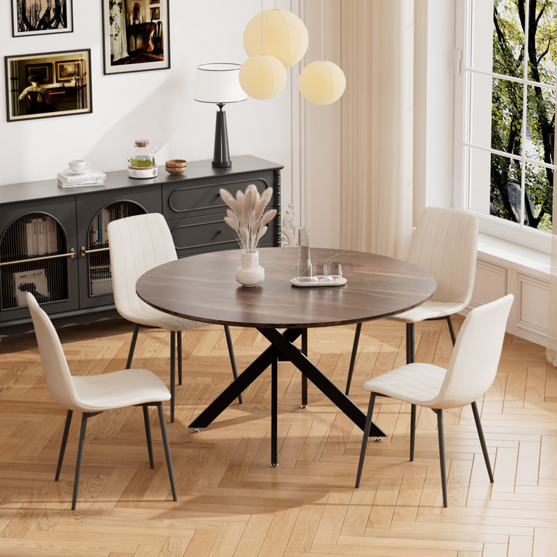 47in Round Dining Table Set, Brown, Beige, 5