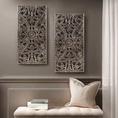 Décoration murale 2 pièces - Décoration d'intérieur en bronze à motif de fleurs de lotus en bronze vieilli l 15,75 po x H 31,5 po x P 0,59 po