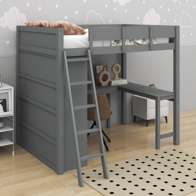 Lit mezzanine double avec bureau et tablette, gris
