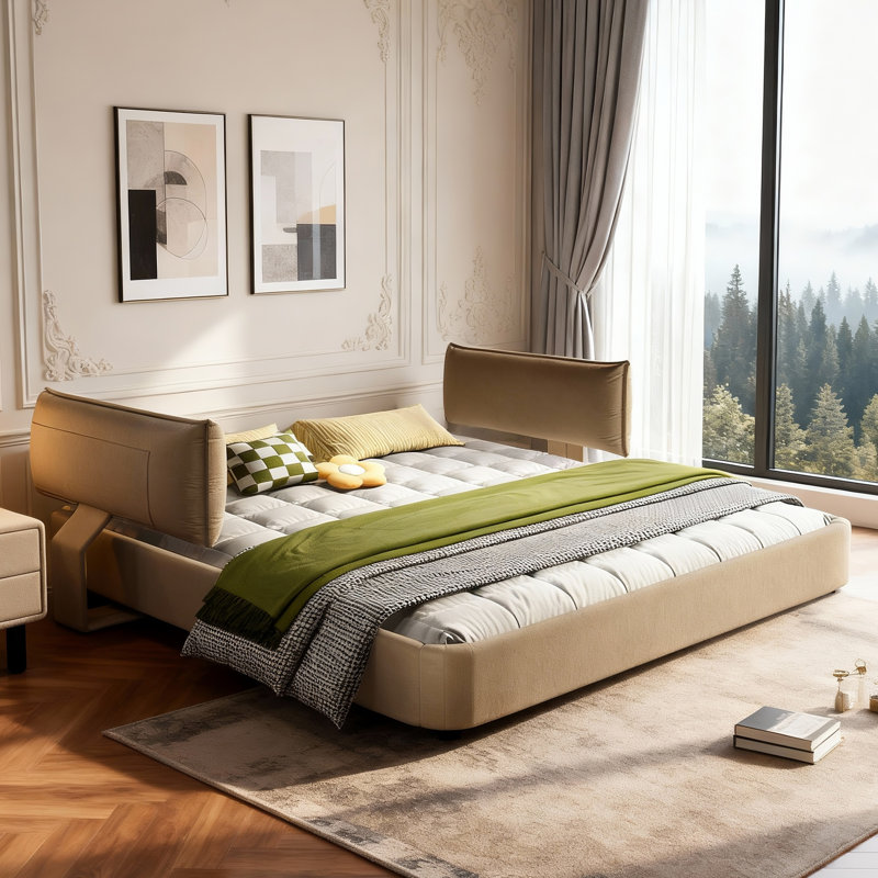 Très grande base de lit avec très grande tête de lit mobile rembourrée et chameau, Chameau