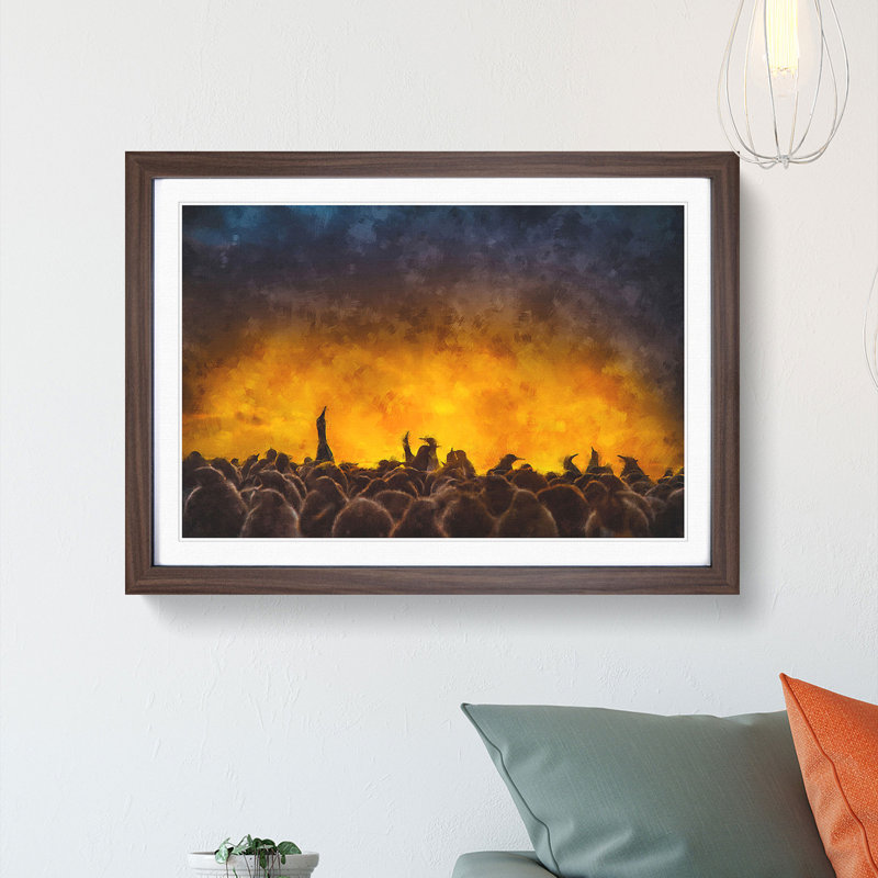 King Penguins and Orange Sunset - Picture Frame Painting Print, 45cm H x 63cm W x 2cm D, Walnut Framed