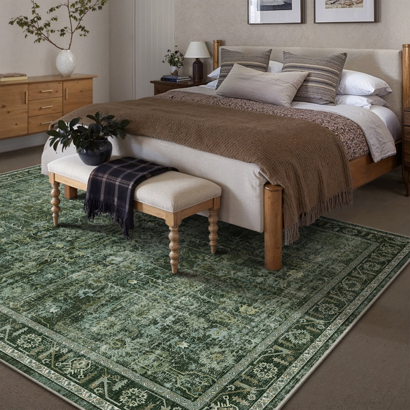 Tapis oriental vintage rétro vert, Rectangle 7 pi 9 po x 9 pi 9 po, Vert