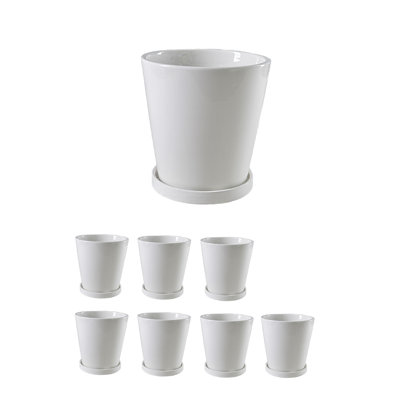  Pot à fleurs conique blanc en céramique Arca, pot brillant moderne avec soucoupe de drainage pour plantes d'intérieur, herbes, plantes succulentes et fleurs, 6,5 po de diamètre et 7 po de hauteur, paquet de 8