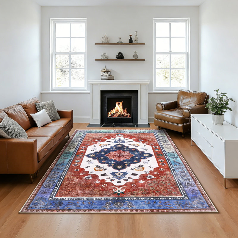 Living Room Rug 6x9 ft Blue and Red Area Rug Machine Washable Rug, Non Slip Vintage Rug Stain Resistant Indoor Large Carpet for Bedroom, Boho Rug, Distressed Retro Floor Rug for Classroom, Dorm, Dining Room