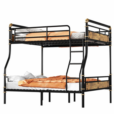 Lit superposé double au-dessus de grand lit double avec garde-corps, cadre industriel détachable pour les adolescents, aucun sommier nécessaire, noir