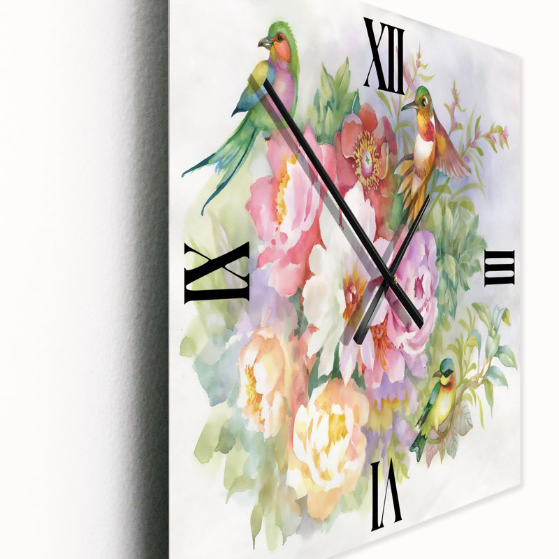 Horloge murale vibrante rétro avec fleurs et oiseaux, Très grand