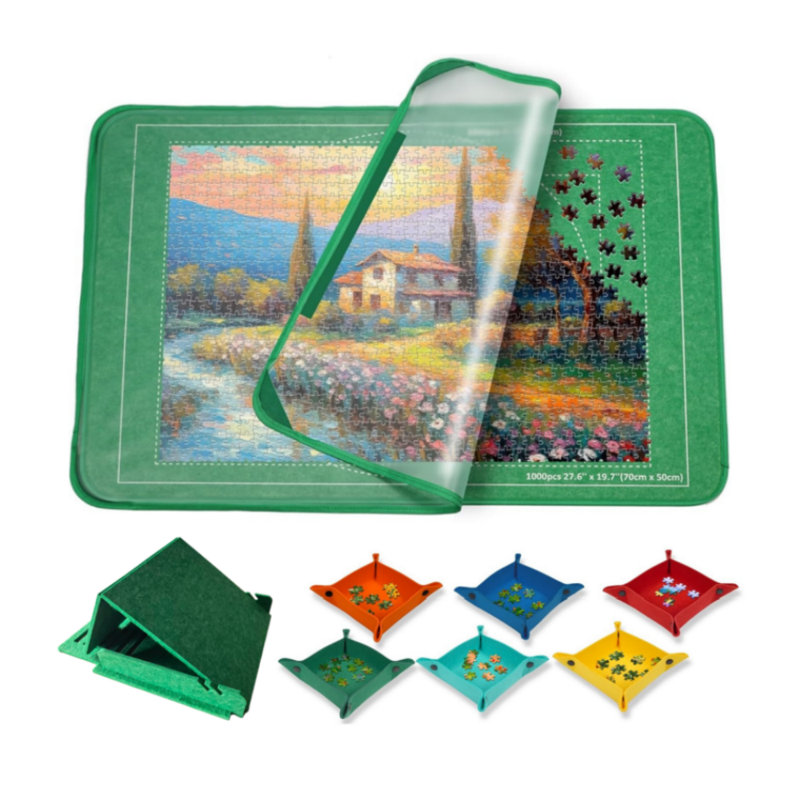Ensemble de tapis de jeu en feutre avec housse de rangement, 6 plateaux de tri et support de casse-tête ajustable, plateau de jeu portatif antidérapant pour 1000 pièces, tapis de rangement à roulettes