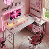 Baford L-shaped Computer Desk with Power Outlet, Gaming Desk with Monitor Stand and Shelves
