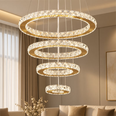 Lustre moderne Ariabella à 4 lumières en laiton poli, cristaux et DEL, avec structure en acier inoxydable
