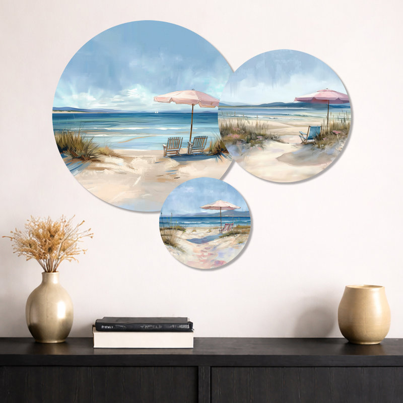 Chaises de plage roses dans un décor de plage I - Green Seascape, art mural en métal 3 pièces