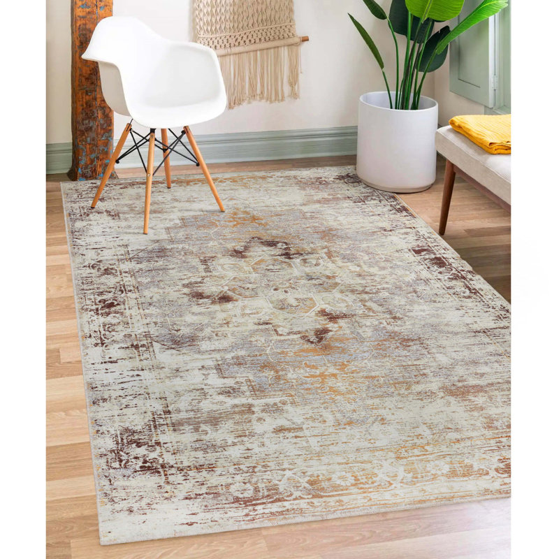 Polston Faded Traditional Rustic Medallion Border Machine Washable Indoor Rug, Rectangle 4' x 6'