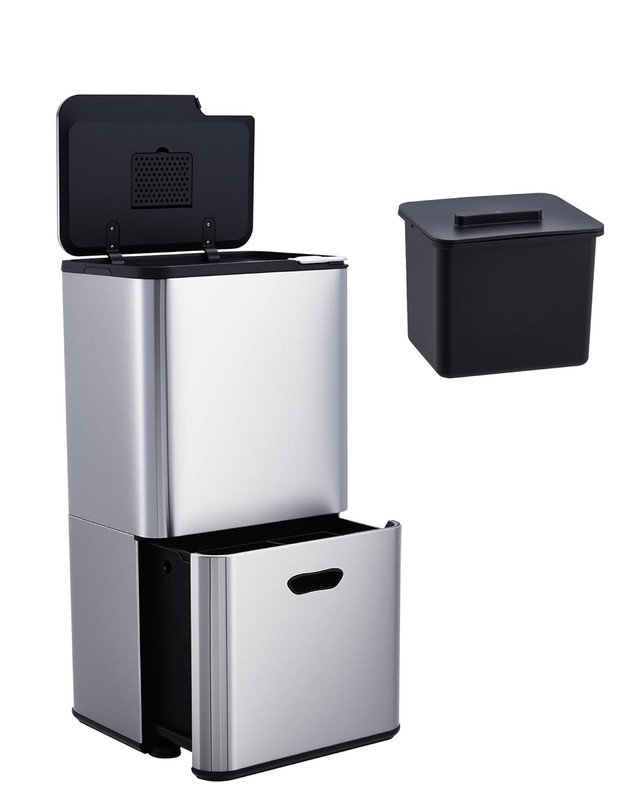 Poubelle et corbeille 16 gallons à deux compartiments, poubelle de cuisine en acier inoxydable avec compost et contrôle des odeurs