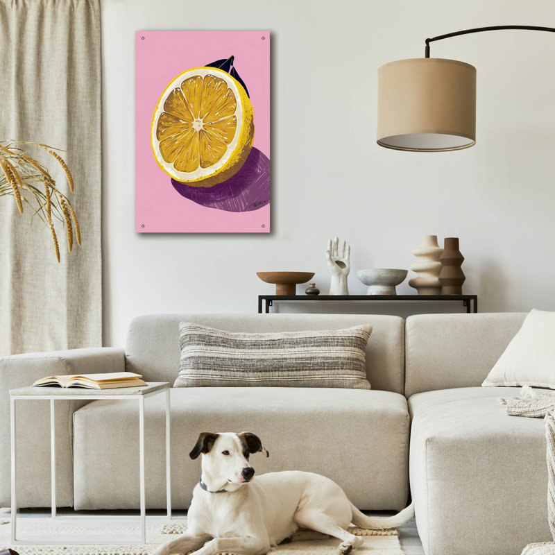 «Lemon Cut On Pink Fond» par Momart, art mural en verre acrylique, H 36 po x l 24 po x P 0,2 po
