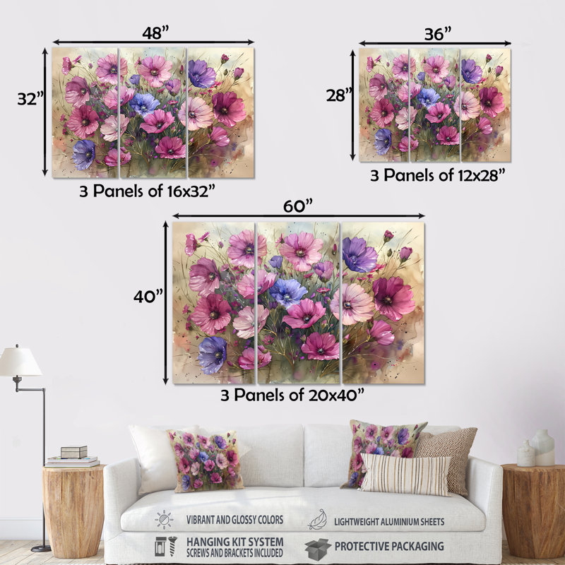 Ensemble de décorations murales roses et bleues délicates bleuet II, Métal métal, H 40 po x l 60 po x P 1 po