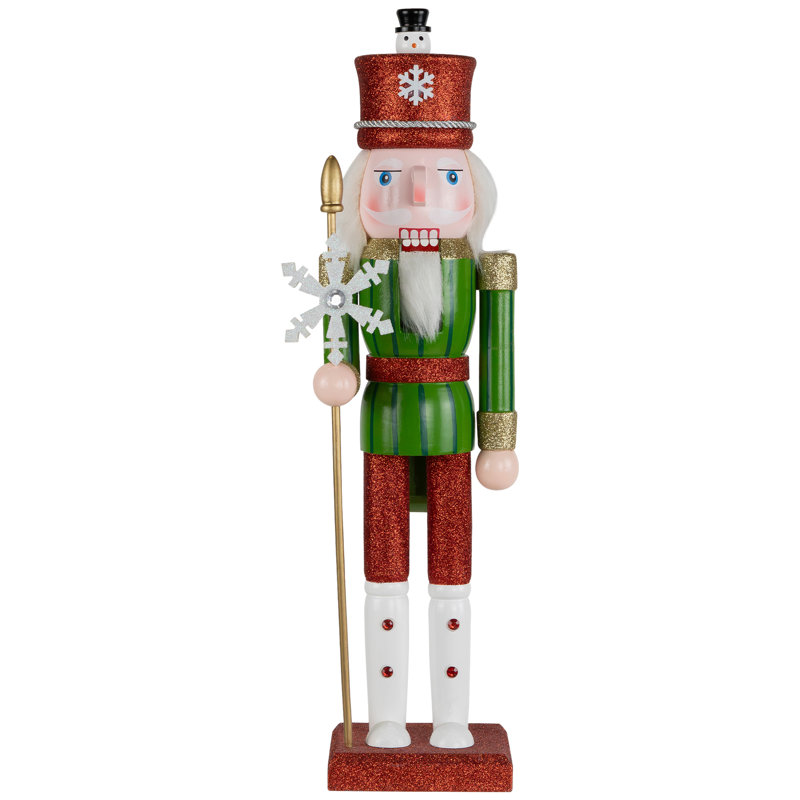 15" Red and Green Glittered Nutcracker with Snowflake Scepter