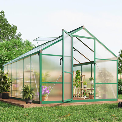 8'×12' Outdoor Polycarbonate Greenhouse with Aluminum Frame, Lockable Door & Adjustable Roof Vent
