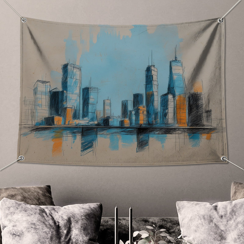 Tapisserie murale moderne croquis de paysage urbain - décoration murale paysage urbain, 104 po H x 88 po avec 4 œillets