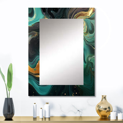 Abstrait vert et or Marble River III - miroir en marbre, miroir mural vert unique, impression sur métal