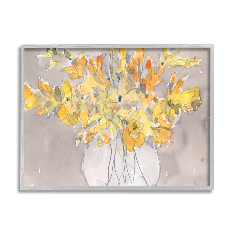 Fleurs de pétales jaunes modernes, H 11 po x l 14 po x P 1,5 po, Encadré gris