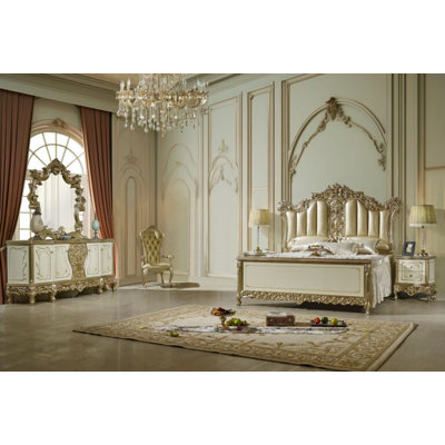 Champagne Hand Carved Bed with Cream and Gold Finish