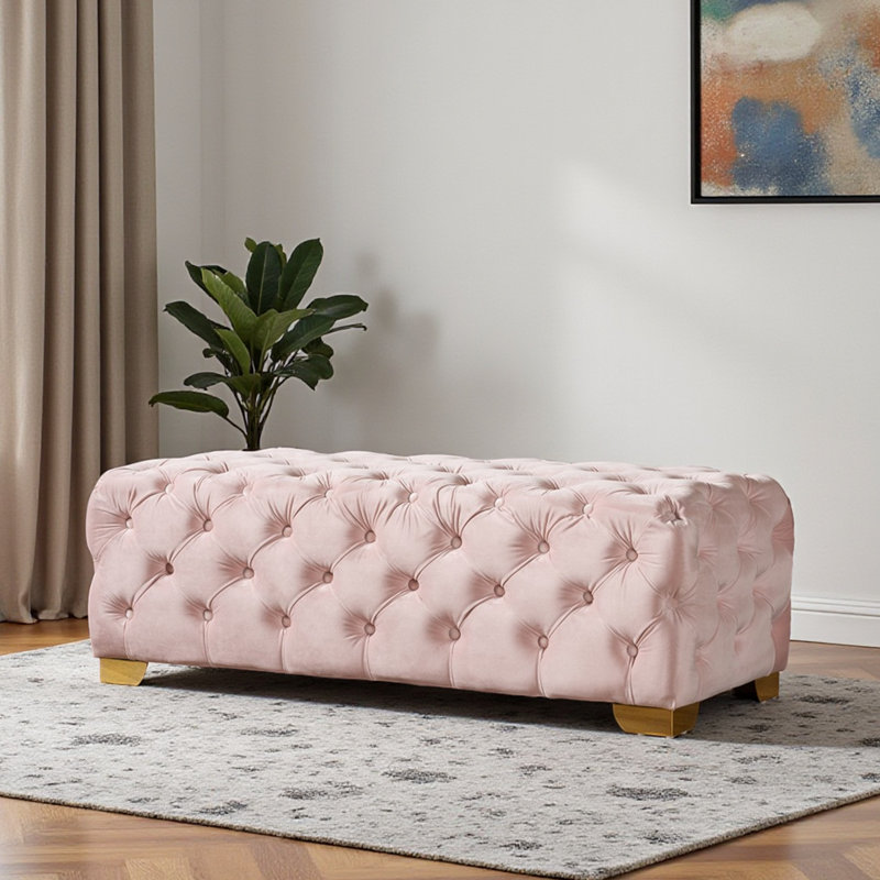 Monice Button Tufted Ottoman Bench in Light Pink Fabric & Gold Finish, 16.2" H X 47.74" W X 20.3" D