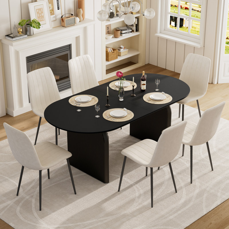 70” Modern Double Pedestal Dining Table Set With Velevt Chairs, Beige/Black, 7 Pieces: Table, 6 Chairs, Black