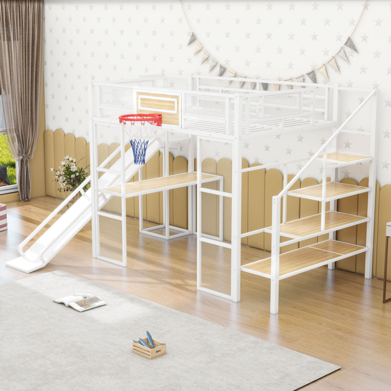 Lit mezzanine double en métal avec bureau intégré, panier de basketball et glissade, Blanc