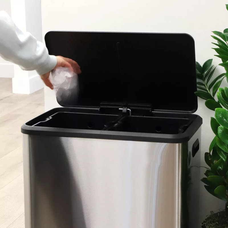 Bac à déchets 60 litres à double compartiment en acier inoxydable, couvercle à fermeture lente, recyclage / déchets