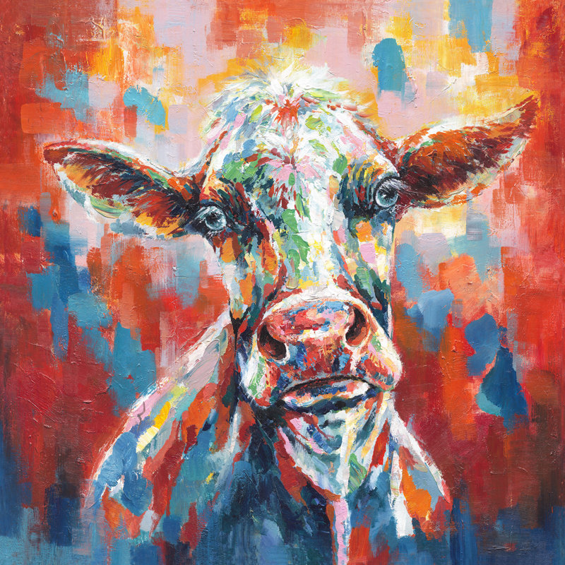 Vache colorée - peinture sur toile tendue, H 20 po x l 20 po x 1,5 po