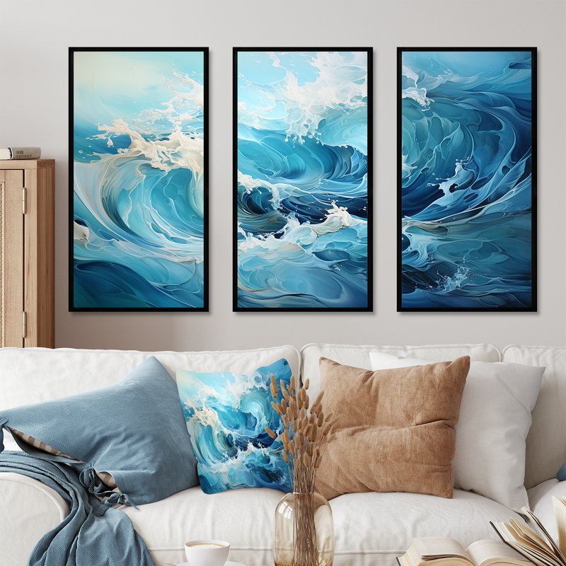 «Oceanic Rhapsody - Abstract Impressionism», ensemble d'art mural, H 28 po x l 36 po x P 1 po, Cadre flottant noir