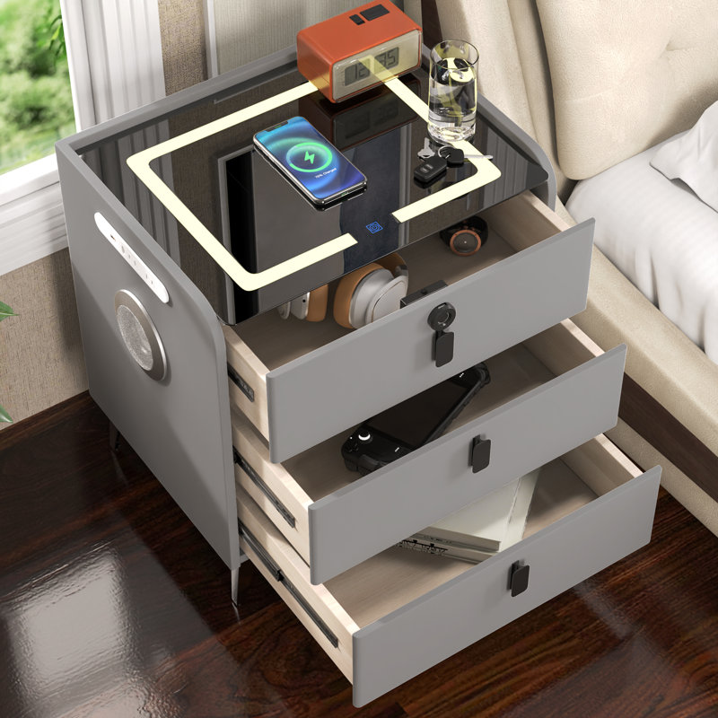Kaylena 3 - Drawer Nightstand with Fingerprint Lock and LED Lights and Music Player, Grey