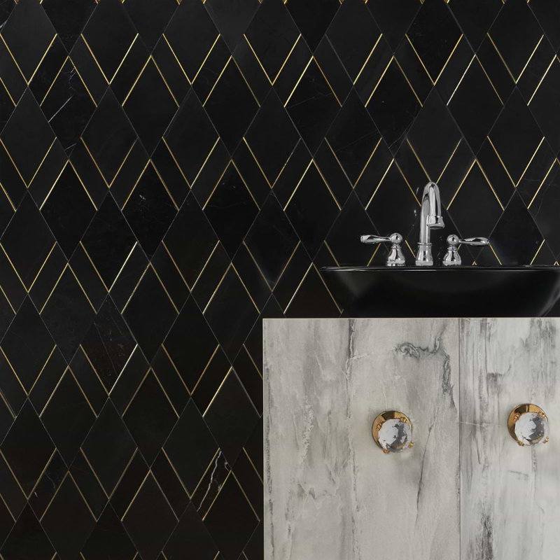 Enver Polished Marble And Brass Mosaic, Nero/Brass