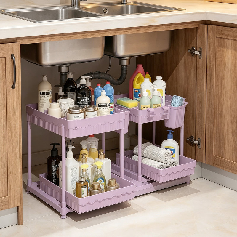 Under Sink Storage Organizer 4-Pack, 2-Tier Slide Out Drawer Cabinet Shelf with Hooks