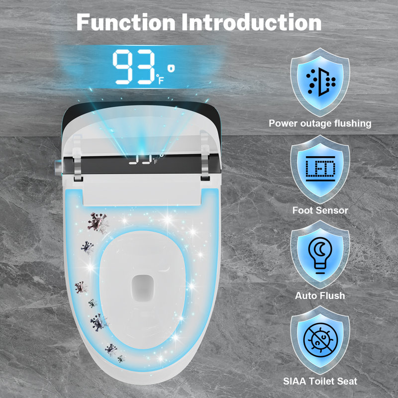 Smart Toilet With Heated Seat & Auto Flushing, Night Light, Water-Saving Siphon Dual Flush, Emergency Flush,Smart Toilet Without Auto Open & Close