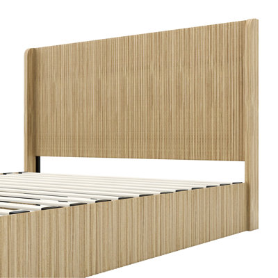 Structure de lit très grand Mid-Century en bois cannelé, tête de lit haute à oreilles, lit plateforme à profil bas, pas de sommier tapissier nécessaire, assemblage facile pour la chambre à coucher et la chambre d'amis