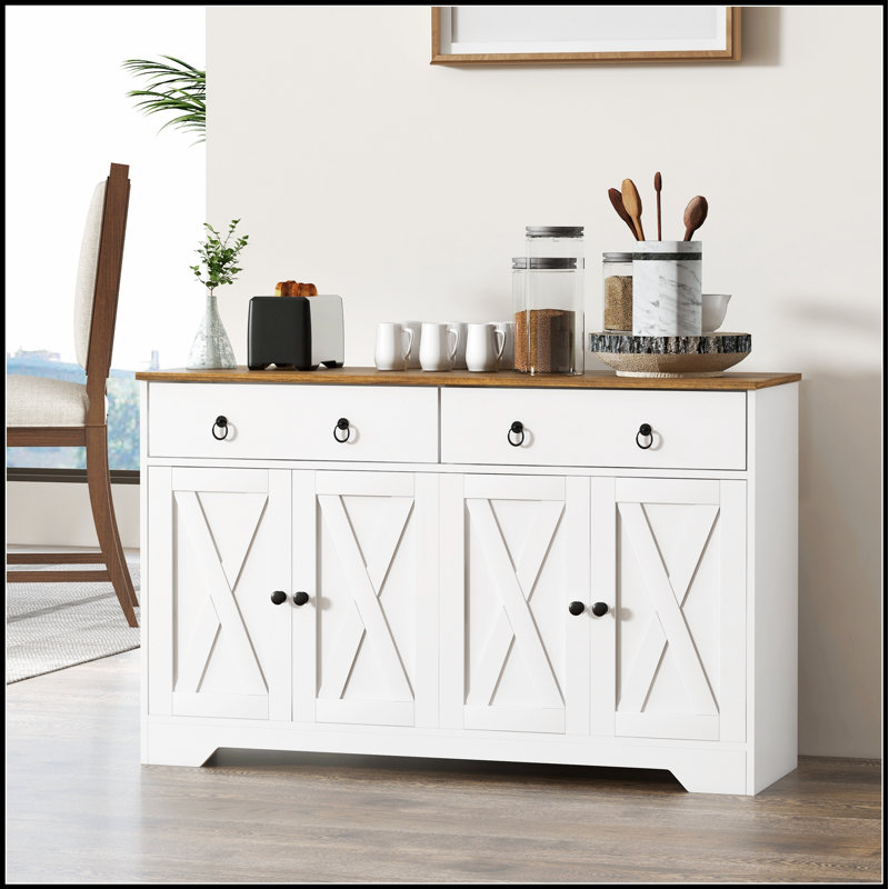 Buffet rustique avec 2 tiroirs, 2 armoires de rangement et 4 portes de style grange pour des solutions de rangement élégantes