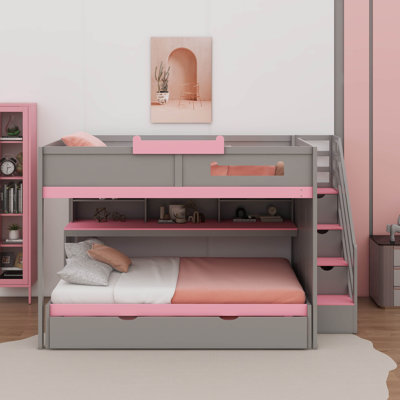 Wood Bunk Bed With Twin Size Trundle And Staircase, Shelves, LED, Multi-Level Storage Hub