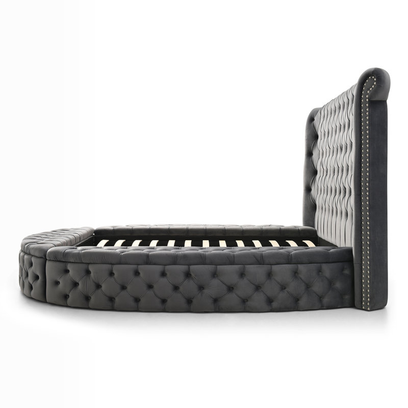 Lit avec rangement en velours Mirna, Gris, Lit simple