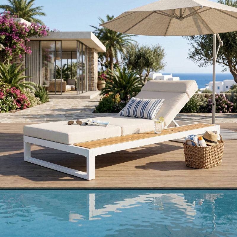 Chaise longue simple avec coussin résistant à l'eau pour le patio près de la piscine