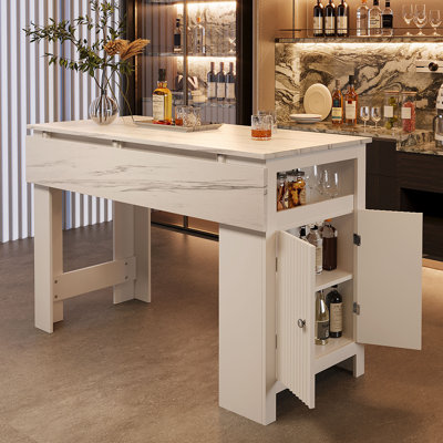 54.33" Modern 3-in-1 Bar Cabinet Table with Foldable Marble Grain Top, 2 Storage Cabinet and Adjustable Shelves