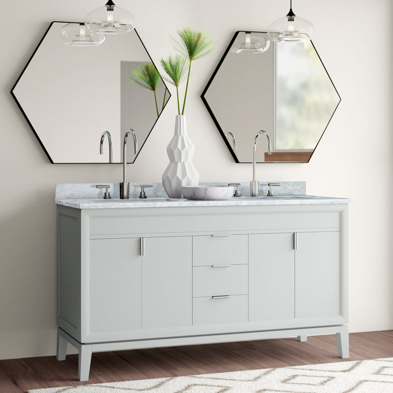 Ensemble de meuble-lavabo double 61 po Emma, Marbre blanc de Carrare, Gris tourterelle