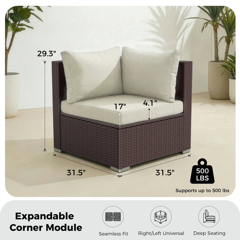 Fauteuil de coin de patio extérieur Maahika en résine tressée PE avec coussin, Coussin beige / structure brune