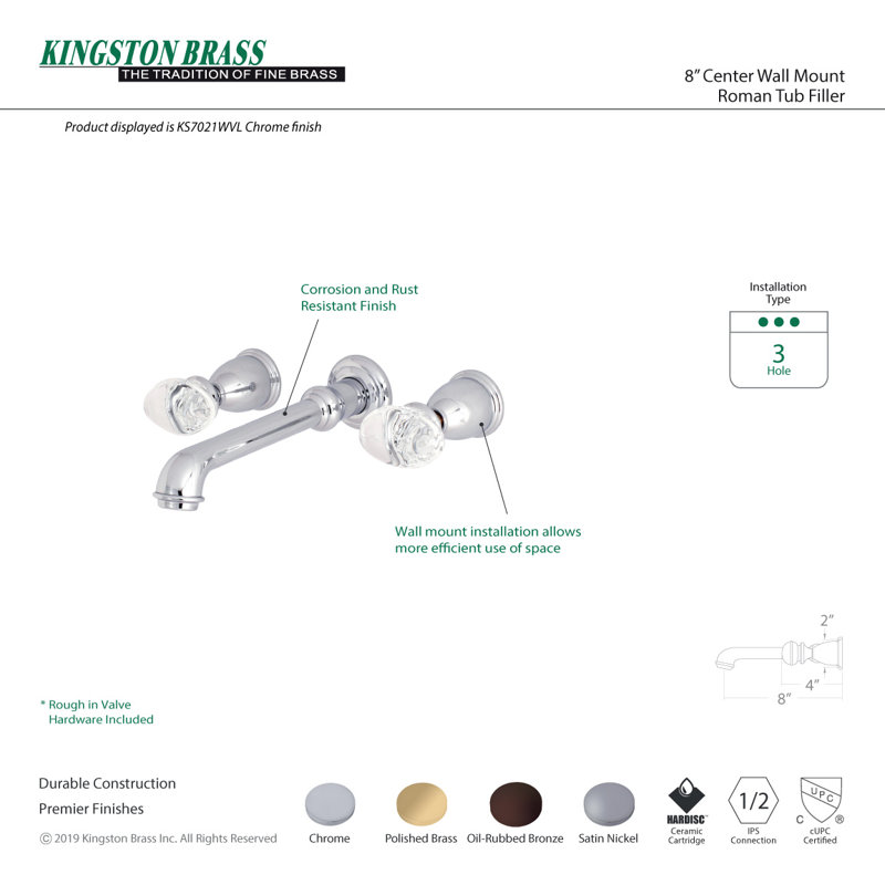 Kingston Brass Krystal Onyx Two-Handle 3-Hole Wall Mount Roman Tub Faucet, Polished Brass