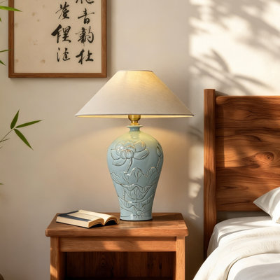 Small Green Ceramic Modern Table Lamp with Linen Shade for Bedroom Living Room, Bulb Included