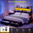  Bed Frame With Hidden Storage Headboard & Drawers, Upholstered Full Platform Bed With Led Lights, Type-C Charging Station, No Box Spring Needed, Solid Wood Slats-20985140-20985136