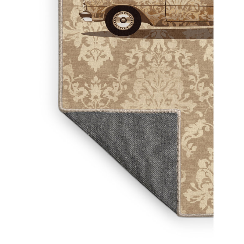 Soft Plush Edingworth Classic Sedan Car Vintage Damask Area Rug in Brown – Beige Binding, 7x10